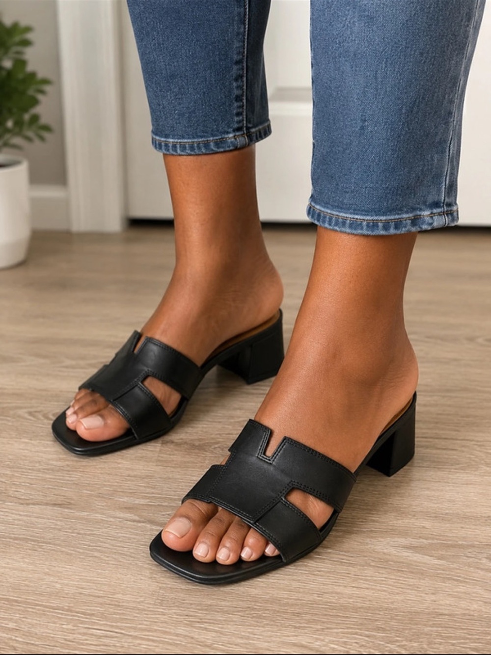 Nine West Black Cutout Block Heel Slide Mules